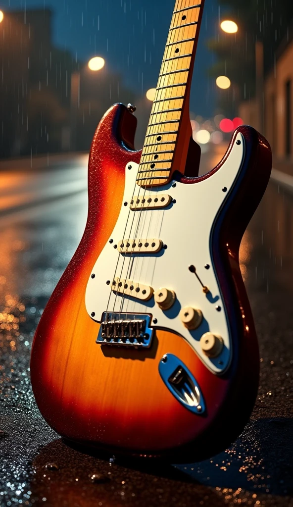 , 3 single coils and white buttons., Create a phone wallpaper of an electric guitar, a Fender Stratocaster, with、Sunburst, maple fingerboard and white shield、(masterpiece:1.3) (最high quality:1.2) (high quality:1.1)、Rain road