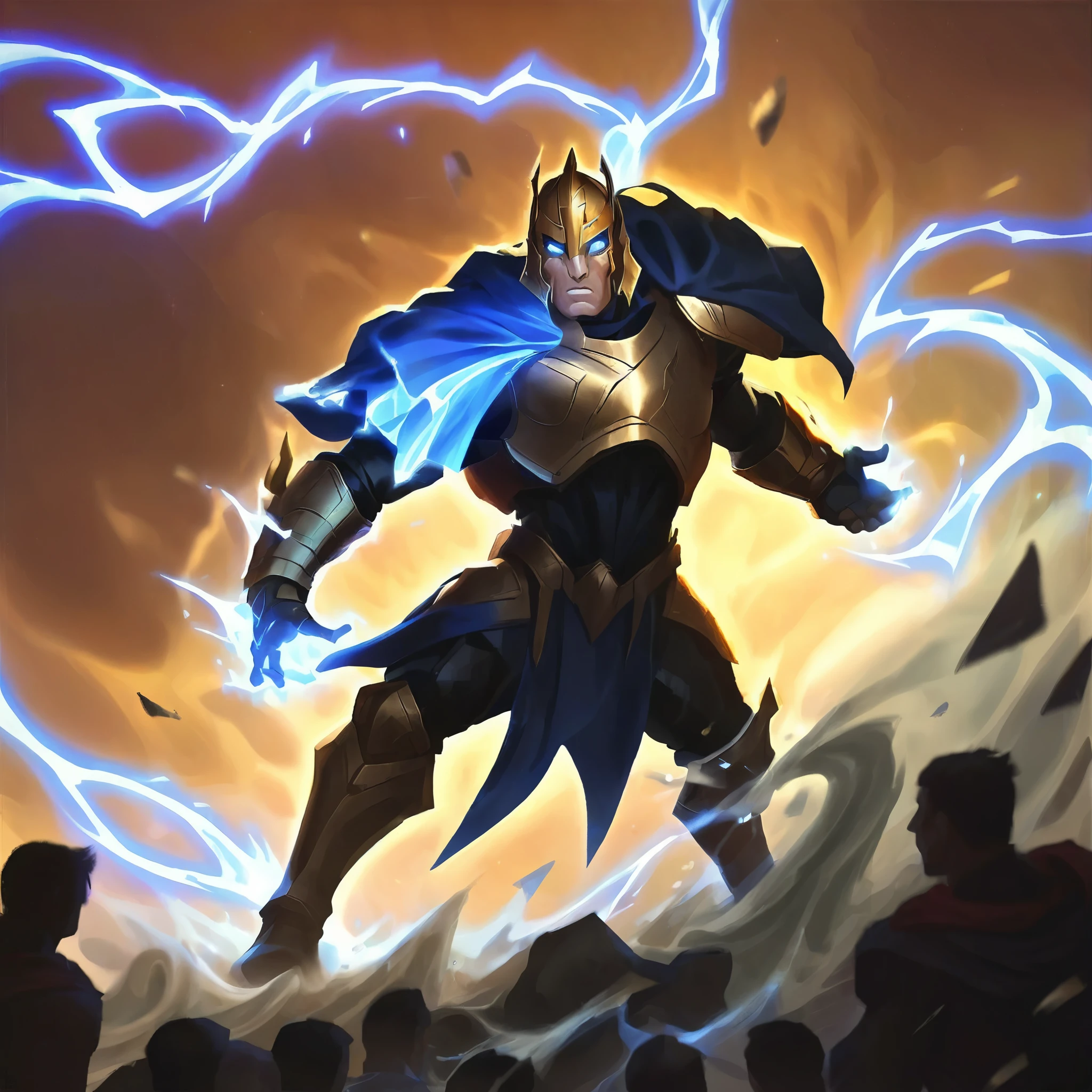 I want an icon of a guy in black armor emerging from the thunder, similar to thor, conjuring thunder, blue electricity, character with cloth clothes and an imposing posture