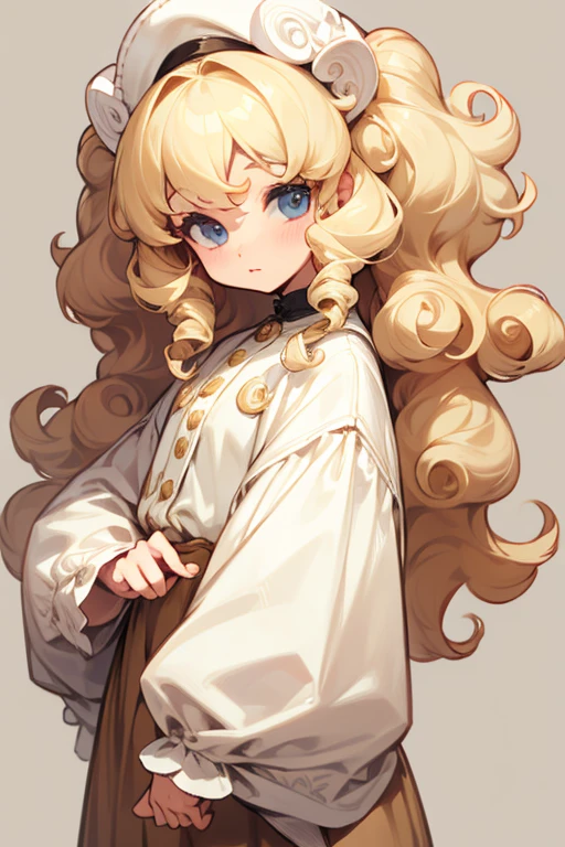 A white person with blonde curly hair, Cute clothes、