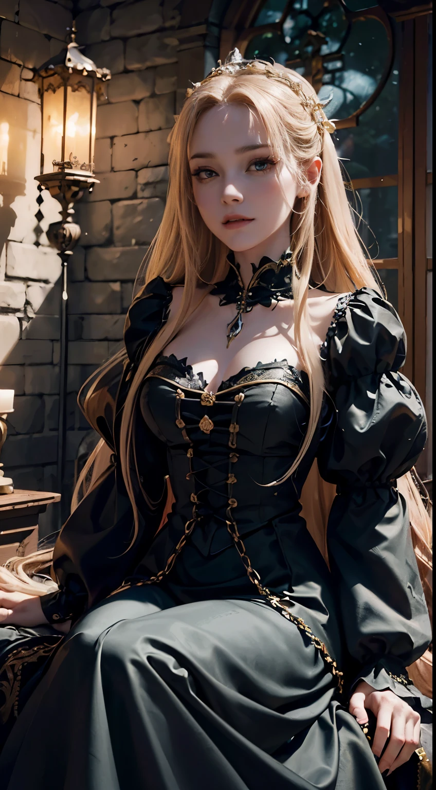 Character Rapunzel, (Elaborately detailed CG units on 8k wallpaper, High quality craftsmanship with impressive realism), (best lighting, best shadow), (best quality), (Elegant, demonic style:1.2), Sitting gracefully on intricately carved chains within an ominous medieval tower, store (Rapunzel's classic costume:1.2), (piercing blue eyes+long hair:0.8), Surrounded by an ominous and dark atmosphere, Accentuated by dramatic, striking lighting, A surreal fantasy feel