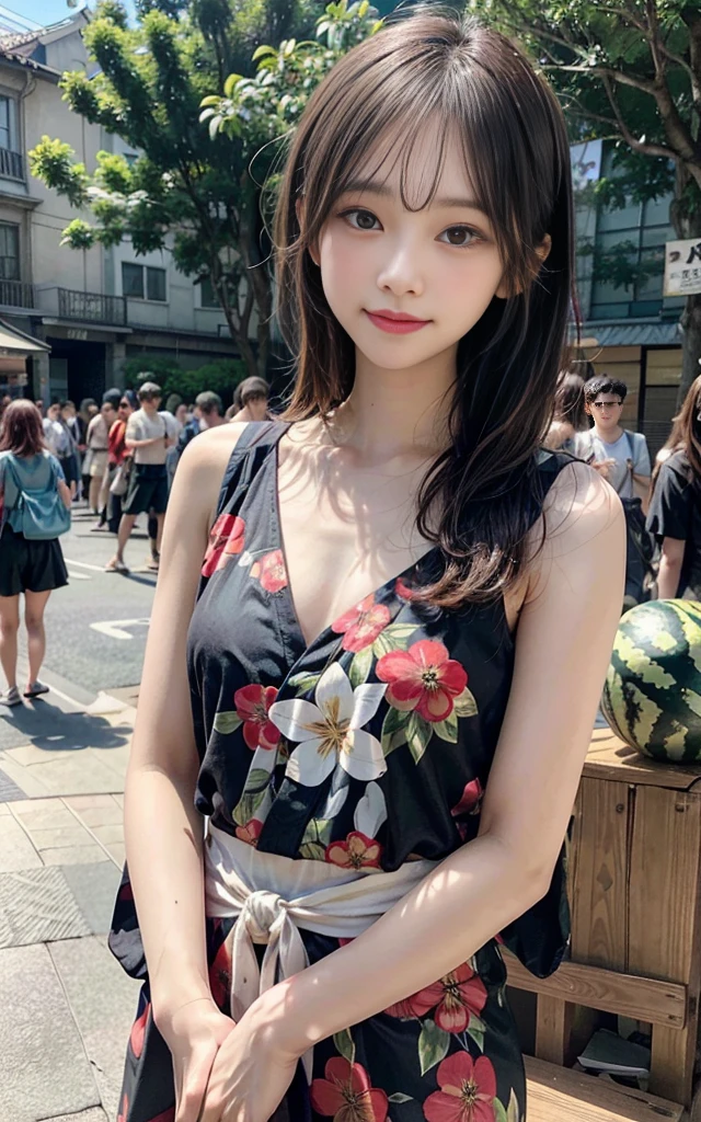 "Create a hyper-realistic digital painting of a young girl at a summer festival, poised to strike a watermelon in a traditional suikawari game. The scene should be set in the late afternoon, with golden sunlight filtering through trees. The girl should be blindfolded, holding a wooden bat, with a look of determined concentration on her face. Her hair should be slightly disheveled from the summer heat, with a few strands sticking to her forehead. In the foreground, place a large, ripe watermelon on a traditional straw mat. Surrounding the girl, depict a small crowd of friends and family members, their faces showing a mix of excitement and anticipation. Include details like colorful yukata, paper fans, and other summer festival elements in the background. The overall atmosphere should be one of joy, tradition, and the height of summer."