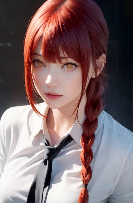 masterpiece, (Realistic:1.4), Highest quality, Beautiful lighting,
(Urzan-6500:0.5), hand \(Chainsaw Man\), (Redhead)+(Long braided hair)+(bangs), Yellow Eyes, Golden Eyes, ((The eyes are round)), (White shirt), (tie),
RAW Photos, 8K Ultra HD, Film Grain