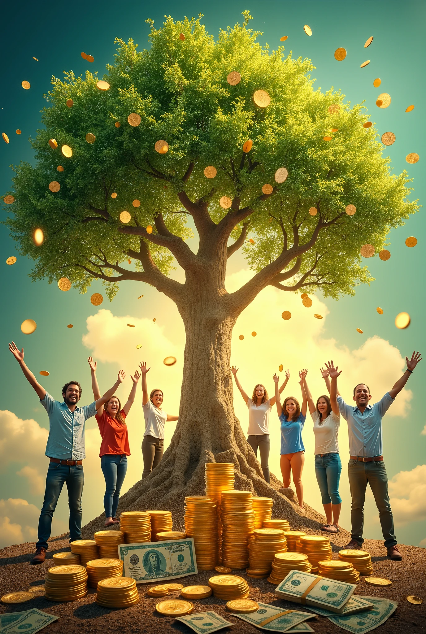 "Create an image that represents financial prosperity. Include elements like stacks of coins, money notes, Ascending charts, a tree growing with coins as leaves and happy people celebrating their financial achievements. Use vibrant colors like green and gold to symbolize wealth and growth."