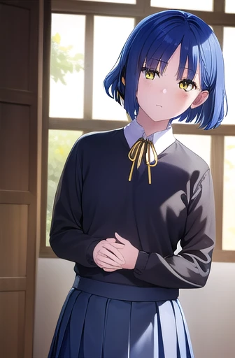 Ryoyamada, Yamada Ryo, Blue Hair, Eyes visible through hair, Mole, Mole under eye, short hair, (Yellow Eyes:1.5), Barrette,
break black pantyhose, black ribbon, blue skirt, Brown footwear, loafers, Long sleeve, pantyhose, ribbon, school uniform, shimokitazawa high school uniform, shirt, shoes, skirt, white shirt,,
break indoors, classroom,
break looking at viewer, (Cowboy Shot:1.5),
break (masterpiece:1.2), Highest quality, High resolution, unity 8k wallpaper, (figure:0.8), (Beautiful attention to detail:1.6), Highly detailed face, Perfect lighting, Highly detailed CG, (Perfect hands, Perfect Anatomy),