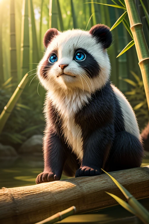 (Highest quality、masterpiece、8k))、Anatomically correct、Very detailed、High resolution、Cinematic lighting、Realistic、((Beautiful, sparkling, detailed eyes))、Intricate details、((Dynamic composition))、Bamboo forest in Kyoto、Three cute kittens with panda print、A sly pose