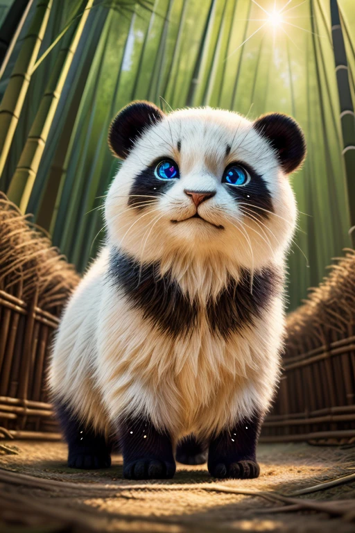 (Highest quality、masterpiece、8k))、Anatomically correct、Very detailed、High resolution、Cinematic lighting、Realistic、((Beautiful, sparkling, detailed eyes))、Intricate details、((Dynamic composition))、Bamboo forest in Kyoto、Three cute kittens with panda print、A sly pose