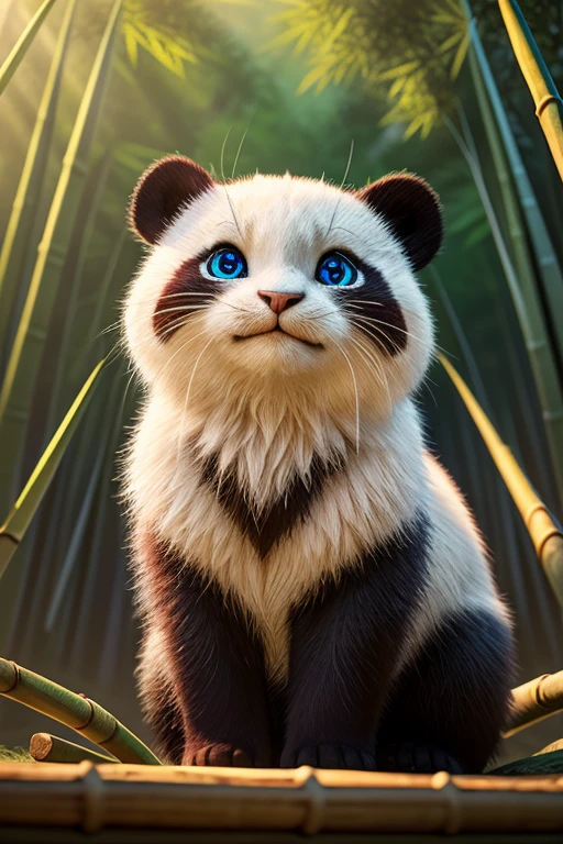 (Highest quality、masterpiece、8k))、Anatomically correct、Very detailed、High resolution、Cinematic lighting、Realistic、((Beautiful, sparkling, detailed eyes))、Intricate details、((Dynamic composition))、Bamboo forest in Kyoto、Three cute kittens with panda print、A sly pose