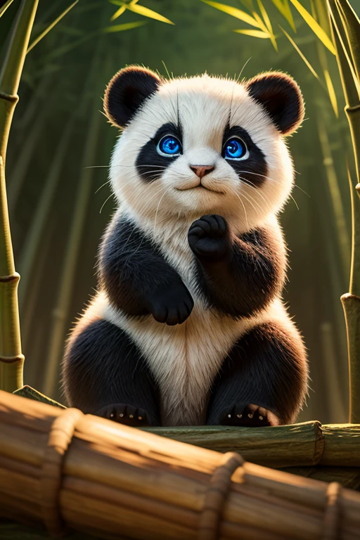 (Highest quality、masterpiece、8k))、Anatomically correct、Very detailed、High resolution、Cinematic lighting、Realistic、((Beautiful, sparkling, detailed eyes))、Intricate details、((Dynamic composition))、Bamboo forest in Kyoto、Three cute kittens with panda print、A sly pose