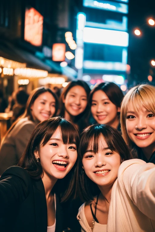 Enjoying a night out in the city, she takes a group selfie with her friends. They’re all dressed in stylish, contemporary fashion, their faces alight with laughter and happiness. The city’s night scene, with its illuminated streets and bustling atmosphere, adds vibrancy to the photo, capturing the essence of friendship and the joy of the moment大きな胸, bangs, Blonde, Brown Hair, Black Hair, Anatomically correct, High detail, Textured skin, Ultra high definition,