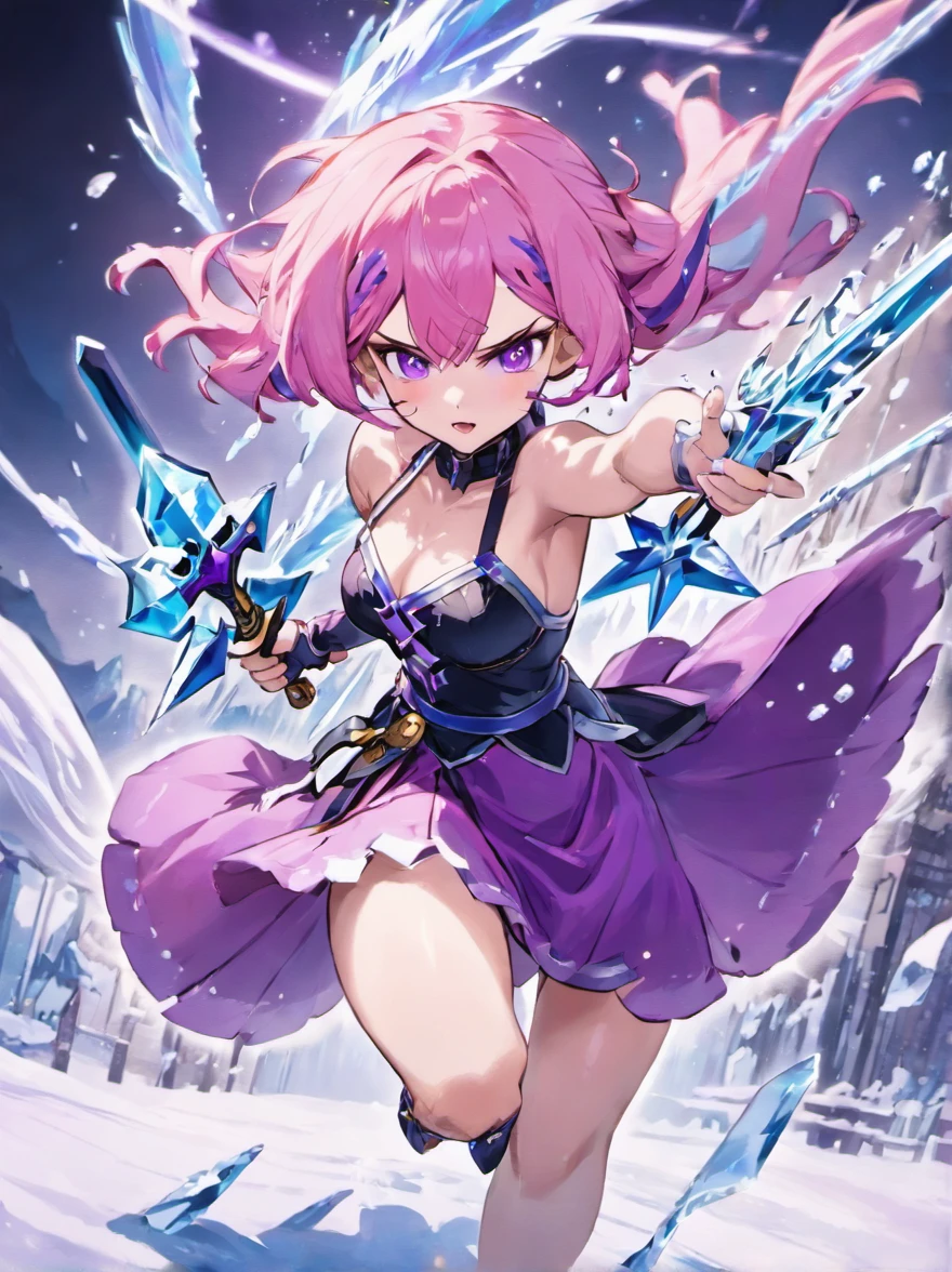 Extreme details, flawless, aerial view, like a work of art, anime girl holding ice and snow sword, pink hair and purple long skirt complement each other, gazing at the distant Ayaka Genshin, leading us into the world of Genshin.