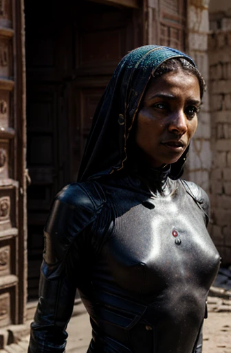 humanoid, android parts, female features, middle east features, dark skin, real color photograph, old building, close