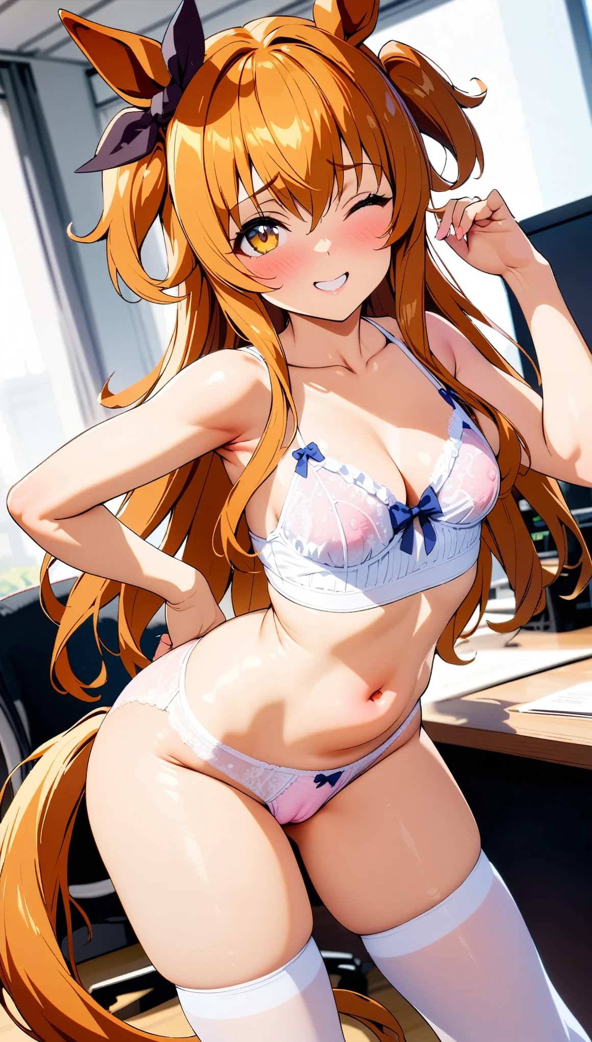 [[One person, Mayano Top Gun \(umamusume\), umamusume]], Beautiful attention to detail, Close one eye, ((indoor, office, living room),  Curvy, thin, Small breasts, Flat Chest, (Thigh-high socks), (Cleavage) , (Sexy pose), (Seductive pose), (Crop Top Belly Button), ((panties), (good), (In underwear), (Flashy underwear), (lingerie))), (Close-up shot), Slender body,Dynamic Angle, Highest quality, Very detailed, masterpiece, Ultra-high resolution, 8k, Nipples, ((Horse tail)), Camel Toe, smile, Small Ass, Slender body, long hair