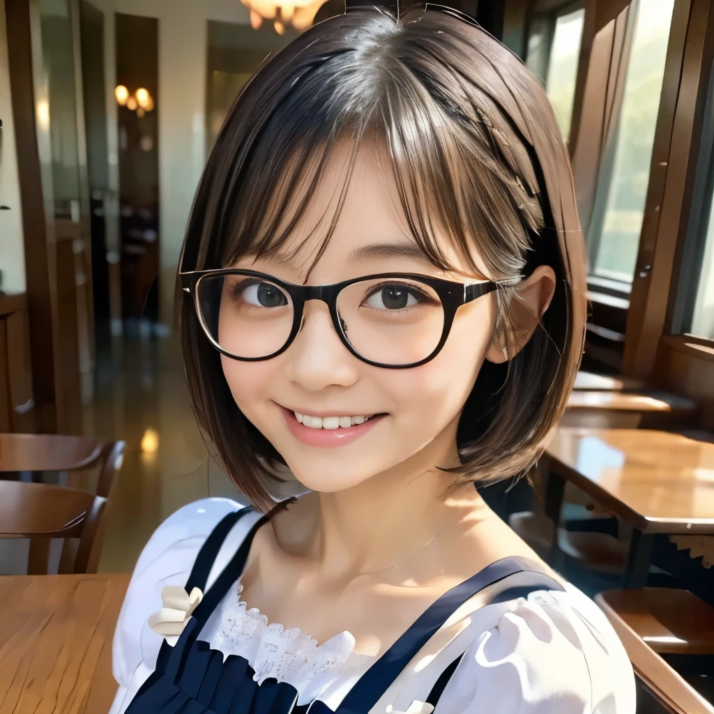 ((Highest quality)), ((masterpiece)), (detailed), 1 person,cute,,Perfect Anatomy,Perfectly symmetrical face,Perfectly symmetrical eyes,Small hands,Long limbs,Wearing glasses with no luck,Braided long,Inside the cafeteria,Look to the side,Laugh shyly,Wearing sexy maid clothes,Cute pose