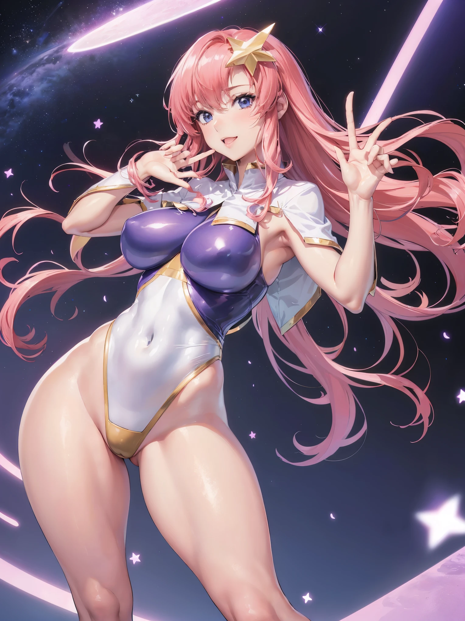 (masterpiece）、（Best image quality）、（Very detailed）、（Very detailed）、4K、（8k）、Best image quality、（beautiful）、
More about Campbell, 1 person, star hair ornaments, hair ornaments, Pink Hair, Long Hair,Purple swimsuit, White swimsuit、 Big Breasts、Thick thighs、,A light smile､Dynamic pose､gravure､Dynamic Angle、Noise Reduction､Emphasis on the crotch､Breast augmentation