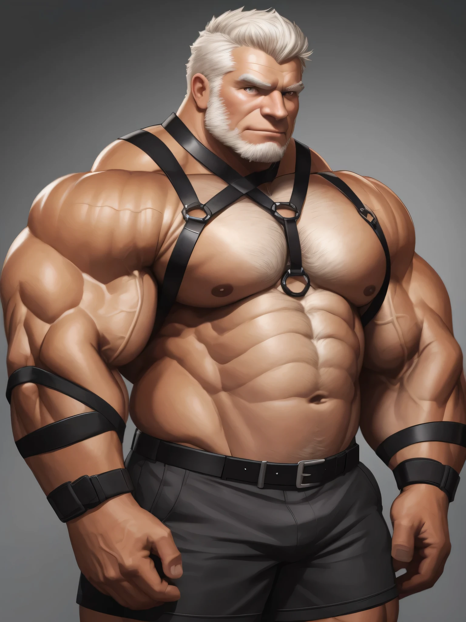 solo, 1boy, Huge Muscular Old man wearing harness , pectoral, thick arms, huge pectoral, wide pectoral, short white hair, short pants and shirtless, clean face, simple background, masterpiece, semirealistic:1.2, high detailed, 8k, high resolution