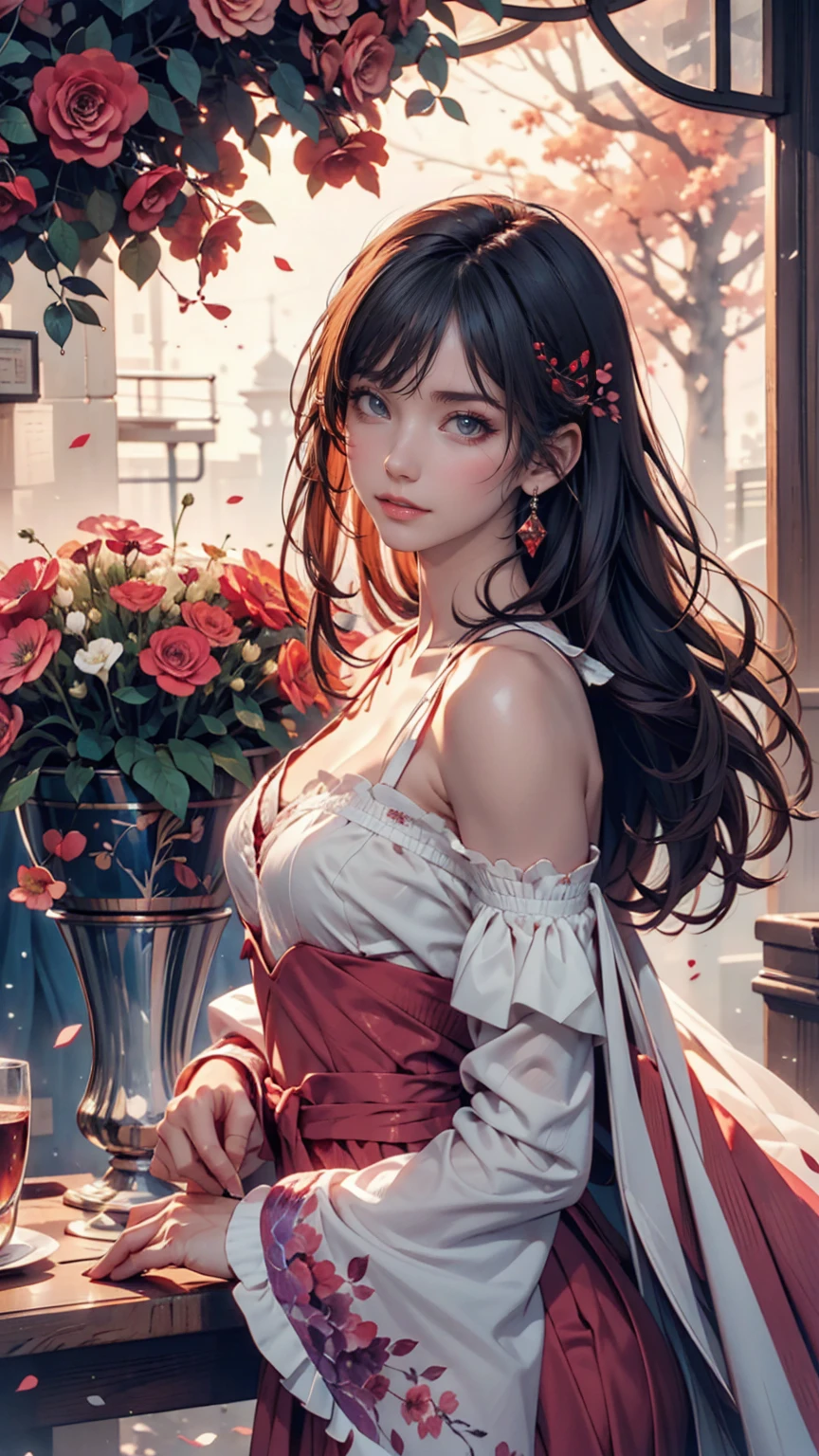 Gray-haired woman, Grey Eyes, Royalty, Red dress, Red Jewelry, Red earrings, Lunar, noble, Lady, high quality, Very detailed, Detailed face, masterpiece, city, Drinking tea, garden, Flowers, Light