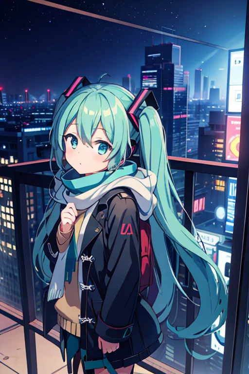 Hatsune Miku、Duffle coat、Scarf、イヤーScarf、City、(It&#39;s snowing)、(illumination)、(night)