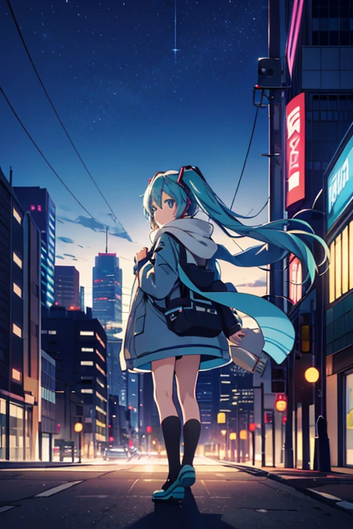 Hatsune Miku、Duffle coat、Scarf、イヤーScarf、City、(It's snowing)、(illumination)、(night)