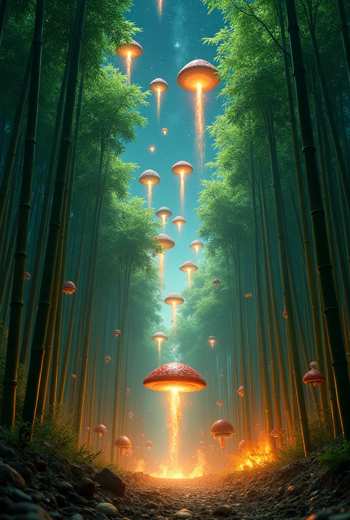 Masterpiece, best quality, ((bamboo forest)), Beam from bamboo into the sky, ((A swarm of mushroom-shaped spaceships, Far above)), Mushroom bombing, Mushroom gets shot down, 燃えるbamboo forest, bamboo forestときのこの宇宙船の大戦争, Intense battle, night