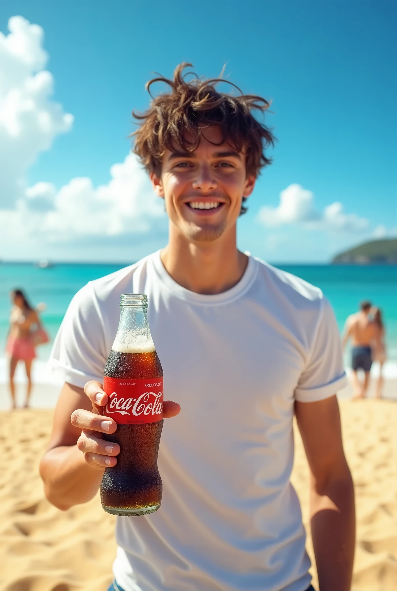A young man holding a Coca-Cola bottle near