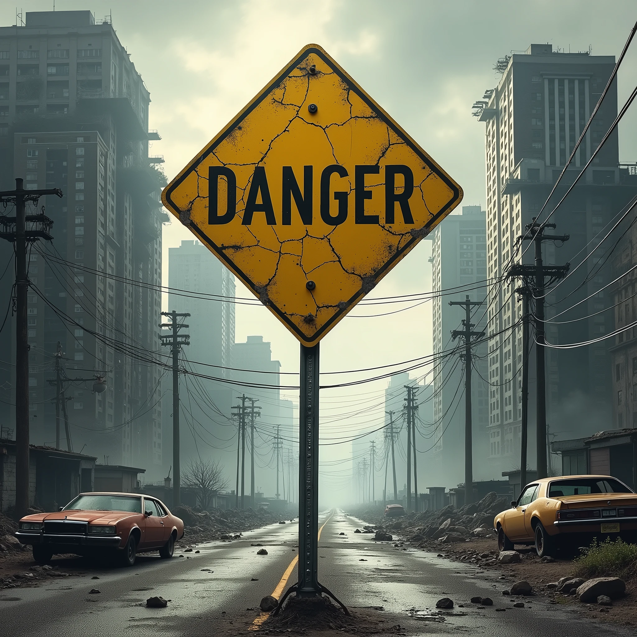 Design a print for the back of an oversized t-shirt with a 'DANGER' road sign located in the center of a ruined apocalyptic city. Partially destroyed high-rise buildings rise in the background, and the sign is covered in soot and cracks. ao redor, urban debris like abandoned cars and hanging power lines create an atmosphere of desolation. The gray, polluted sky completes the scene.
