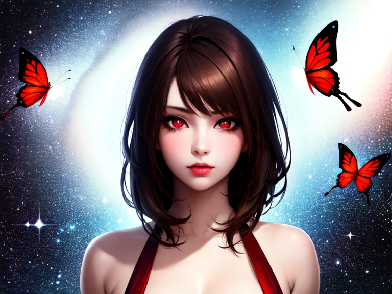 1 girl, Beautiful face, ((Deep red eyes)), sexy pose, Red butterfly as background, star, space, (light room:1.13), soft light, (The skin texture is natural.:1.2), (Surreal:1.2), Sharp focus, emphasize,[[realistic]], dark brown hair