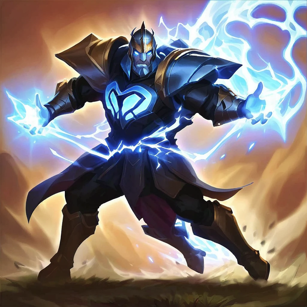 I want an icon of a guy in black armor emerging from the thunder, similar to thor, conjuring thunder, blue electricity, character with cloth clothes and an imposing posture, full picture