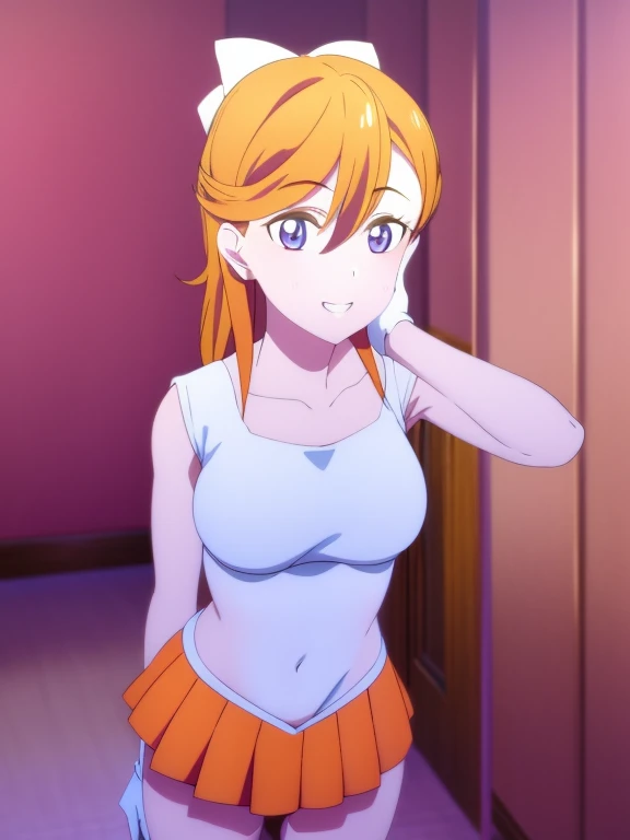 Masutepiece, best quality, hight resolution, sv1, Matrosen-Senshi-Uniform, Orange skirt, White panties visible from the miniskirt、bikini panties、white shorts, visible under the white hort term、Elbow Groves, tierra, pleated skirt, Fold up a miniskirt, white panty、Beautiful camel toe lace panties、red bow, orangechoker, white gloves, jewellery, starsky, tough pose, easy smile, portrait, floating, Mond, upper body