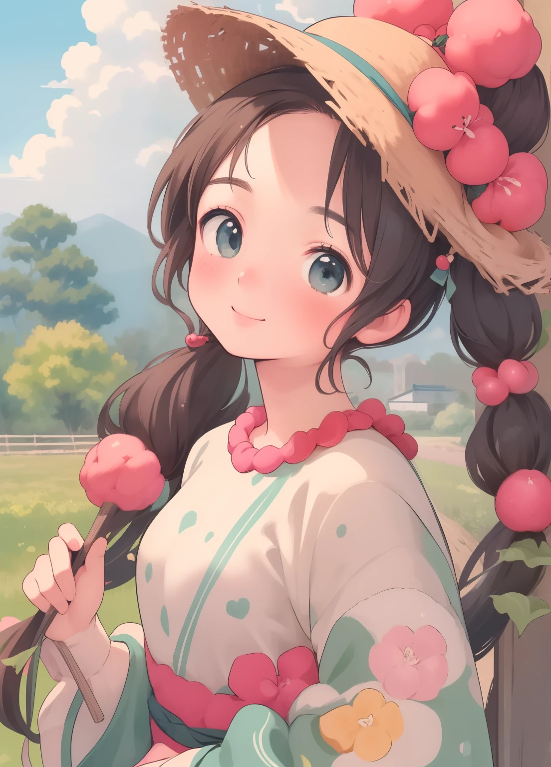 (masterpiece、Highest quality、Highest quality、Official Art、Beautiful and beautiful:1.2)、(One person:1.3)Hatsune Miku、Twin tails,Beautiful breasts, Katsushika Hokusai,Young Farmer, Vegetable plantation, Ultra-realistic, Typical country clothing, Let your hair down on a sunny day、Lovely face and smile.