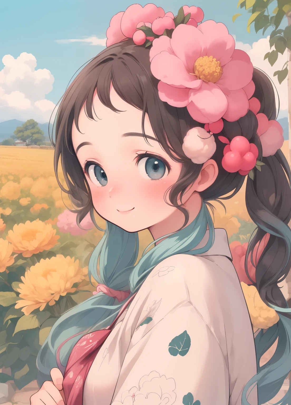 (masterpiece、Highest quality、Highest quality、Official Art、Beautiful and beautiful:1.2)、(One person:1.3)Hatsune Miku、Twin tails,Beautiful breasts, Katsushika Hokusai,Young Farmer, Vegetable plantation, Ultra-realistic, Typical country clothing, Let your hair down on a sunny day、Lovely face and smile.