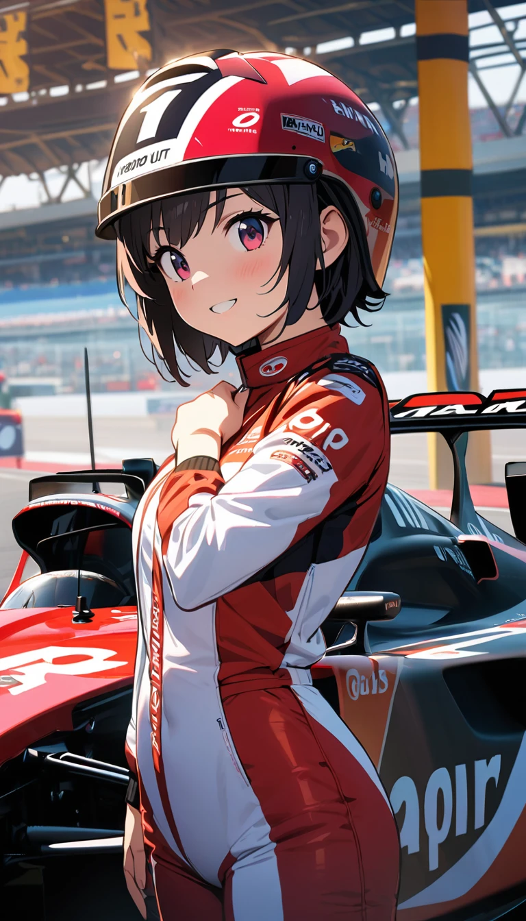 15 years old, (beautiful girl: 1.3),1girl,masterpiece, Highest quality, Ultra-high resolution,rich contrast,super high quality,8k,Highly detailed CG unit wallpaper,texture,Incredibly absurd,Ultra-high resolution,RAW Photos,She took off her helmet,F1 racing suit,F1 Circuit,A big smile,Lotus 79,An incredibly detailed car body,Beautiful car body,She&#39;s happy in the cockpit,((Wet))