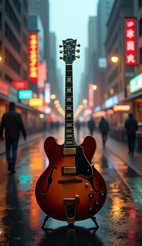 Make a smartphone wallpaper for Gibson ES335, (masterpiece:1.3) (最high quality:1.2) (high quality:1.1)、Downtown New York in the rain、Cinematic Light,(Film Gain:1.4)|(VHS Video:1.2)(old analog film photography:1.4) Vintage Film (1.8), Analog camera (1.5), Film Grain (1.4), Light leakage (1.2), Soft Focus (1.3), Warm tones (0.2), Retro aesthetic (1.7), Lomography (1.3), Nostalgic atmosphere (1.8), Polaroid style (1.5), Faded colors (1.9), Dreamy look (1.3), Overexposure (1.1), Vignette Effect (1.8), Blurred Edges (1.4),　