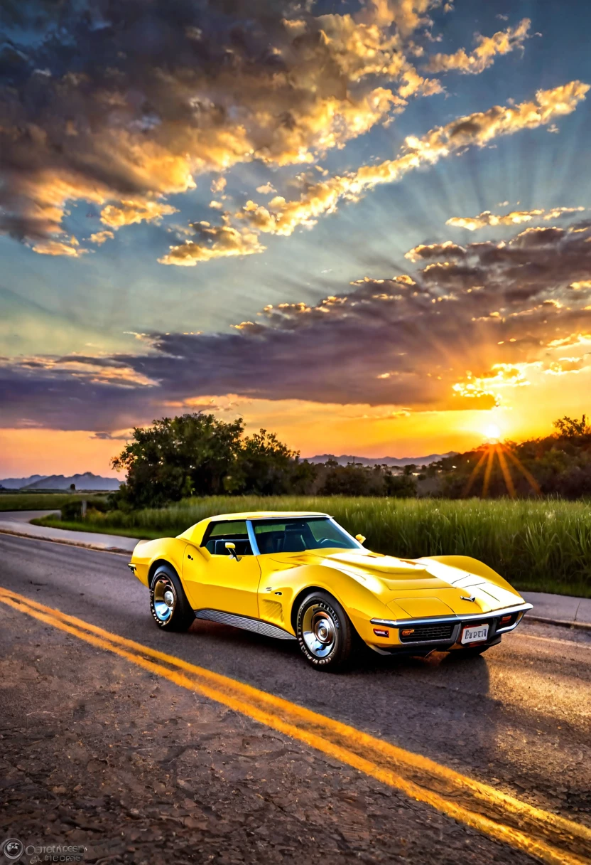 1970 Chevrolet Corvette Stingray, yellow car, highway at dawn, beautiful sunrise sky, backlit, dramatic shadows, professional photography, photorealistic, 8k, HDR, cinematic lighting, volumetric lighting, hyper detailed, concept art style, vibrant colors, realistic, masterpiece