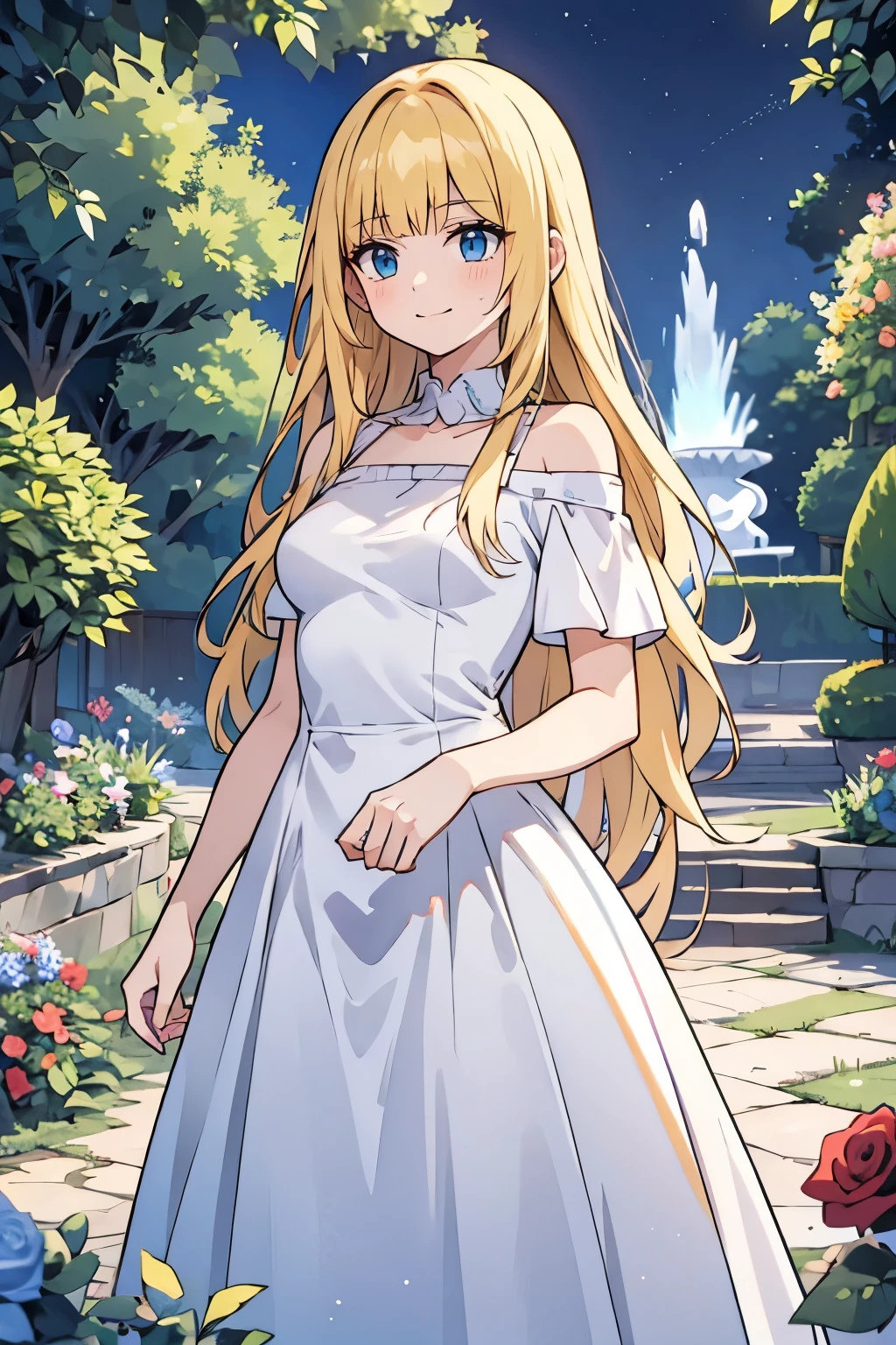 fairy_tail_style, solo, 1 girl, cowboy shot, (young female body:1.4), (medium small breasts), long disheveled hair, golden yellow wavy hair, extra long hair, blunt bangs, crystal blue eyes, very detailed blue eyes, mansion garden, standing on a cobble pathway, a moonlit garden with a fountain, rose bushes, night time, tight elegant white dress, maxi length white dress, short sleeves,  form fitting tight white dress, chic evening dress, party dress, cowboy shot, flower in hair, off shoulder short sleeves, off shoulder, exposed collar bones