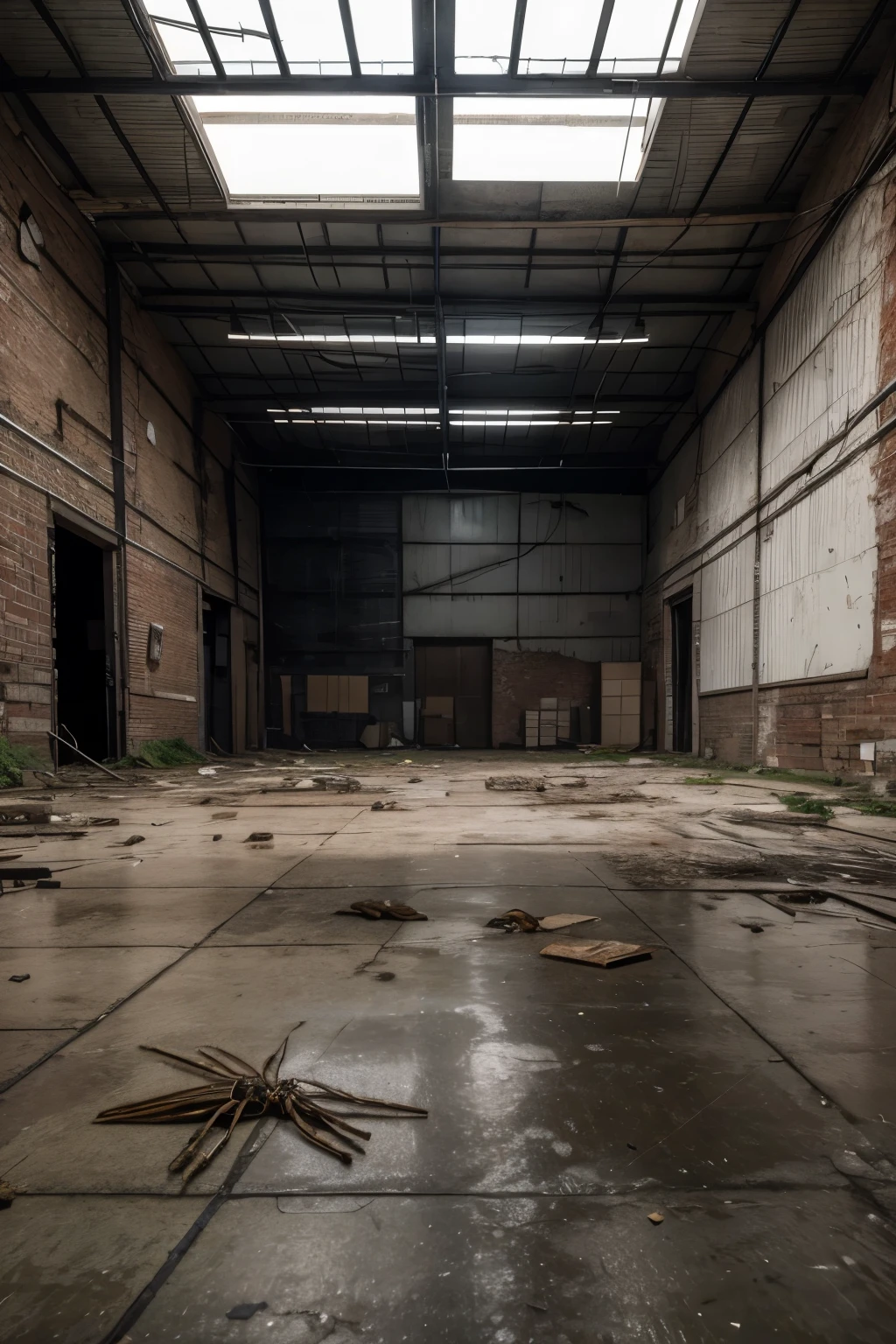 Abandoned warehouse full of cobwebs and insects, with dead animal bodies on the floor, as if it were a realistic horror movie setting 