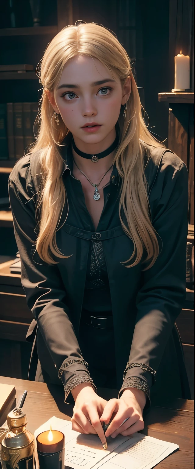 ((masterpiece, best quality, Best image quality, high resolution, realistic, RAW photos, 8k)), Tarot cards, Tolkien, middle earth, (masterpiece:1.2), (best quality,:1.2), 8k, very detailed, 초realistic, Cinema Lighting, Ambient lighting, Bridget, as a fortune teller, length, Disheveled blonde hair, earring, choker, necklace, bijouterie, ring, dark lipstick, heavy makeup, circlet, sit behind! table, one! tableの上の占いの球, one! tableの上の頭蓋骨, Candles, in a small, dark medieval room, View viewers,