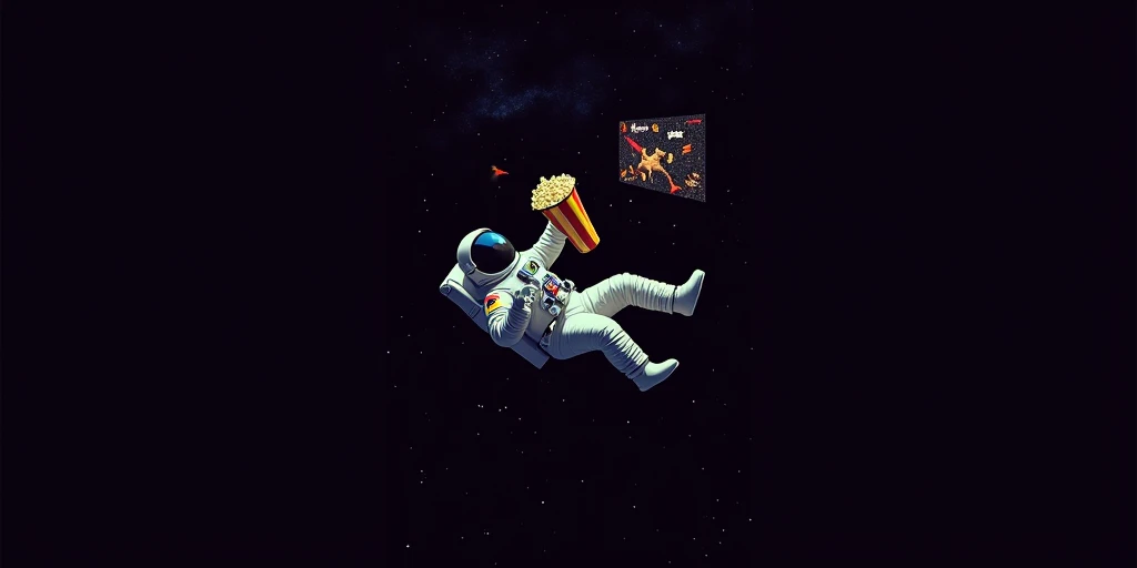 Astronaut floating in space with a bucket of popcorn and watching television