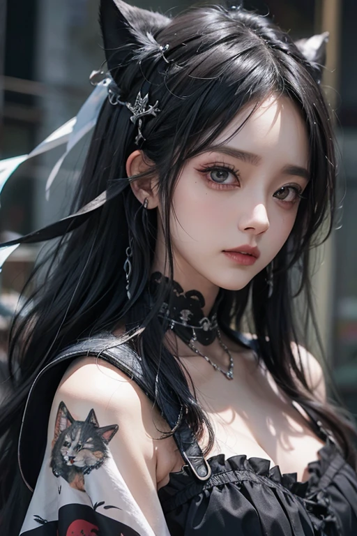 Highest quality、8k、masterpiece:1.3、Gothic Punk、The inside color is red、Gray Black Hair、hair ornaments、Beautiful girl、creative、Dark Fantasy Style、Neogoth、Goth Fashion:1.2、High resolution、masterpiece、Highest quality、頭w:1.3、((Hasselblad Photos))、Fine skin、Sharp focus、(Cinematic lighting)、Realistic textured hair