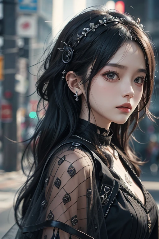 Highest quality、8k、masterpiece:1.3、Gothic Punk、The inside color is red、Gray Black Hair、hair ornaments、Beautiful girl、creative、Dark Fantasy Style、Neogoth、Goth Fashion:1.2、High resolution、masterpiece、Highest quality、頭w:1.3、((Hasselblad Photos))、Fine skin、Sharp focus、(Cinematic lighting)、Realistic textured hair