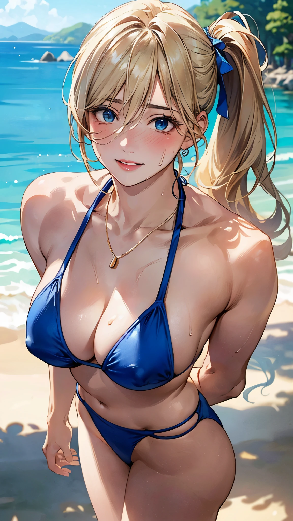 (masterpiece:1.3, Highest quality, Ultra-high resolution, Super detailed), (Realistic, photoRealistic:1.4), Beautiful illustrations, Perfect lighting, Natural light, colorful, Depth of written boundary, NFSW,
View your viewers, (throw, Close-up shot), 1 person, Japanese, high school girl, Perfect Face, Cute and symmetrical face, Glowing Skin, Sunburned skin,
(Mid-length hair:1.4, Side Ponytail:1.5, (Blonde)), Hair between the eyes, blue eyes, (Middle chest, seductive Thighs, Big Ass), Thighs, Nipple hardening, share, Sweaty,
Beautiful Hair, Beautiful Face, Beautiful attention to detail, Beautiful clavicle, Beautiful body, Beautiful breasts, 美しいThighs, Beautiful feet, Beautiful fingers,
((Blue micro bikini)), necklace, hair ornaments,
(Beautiful views), evening, (Uninhabited island), (walk, Sexy pose, Dynamic pose, Female masturbation), (Captivating smile, Upward glance, Lips parted),