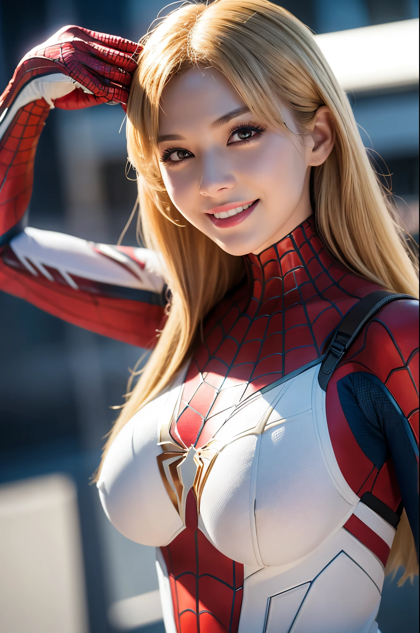 8k,dynamic spiderman pose,Super Beautiful American Woman,(extreme detail CG Unity,masterpiece、Highest quality)、(Exquisite lighting and shadows、Very dramatic image、cinematic lens effects)、Lady Spidermanのパラレルユニバース、Wenger、Marvel、Lady Spiderman、Rooftop、From dynamic poses、white spiderman costume、Woman wearing blonde hair、(Excellent detail、Excellent lighting、Wide angle)、(Excellent rendering、that stand out in the class)、 White Spider-Man costume、focus on complex spider textures,Ultra-high resolution、Film Grain、Best Shadow、delicate、to be born、Particles of light、Fine skin、Intricate details、 Fantasy,Perfect lighting、Looking at the audience、Cinema Lighting、wonderful,Muscular Beauty,Rich colors, Backlight, Cinema Lighting, Film Grain, 50mm lens, Nikon D850,Ultra-high resolution,Ultra-realistic,Compensate,Super sexy,Beautiful American Woman with Big Breasts,Big smile,
