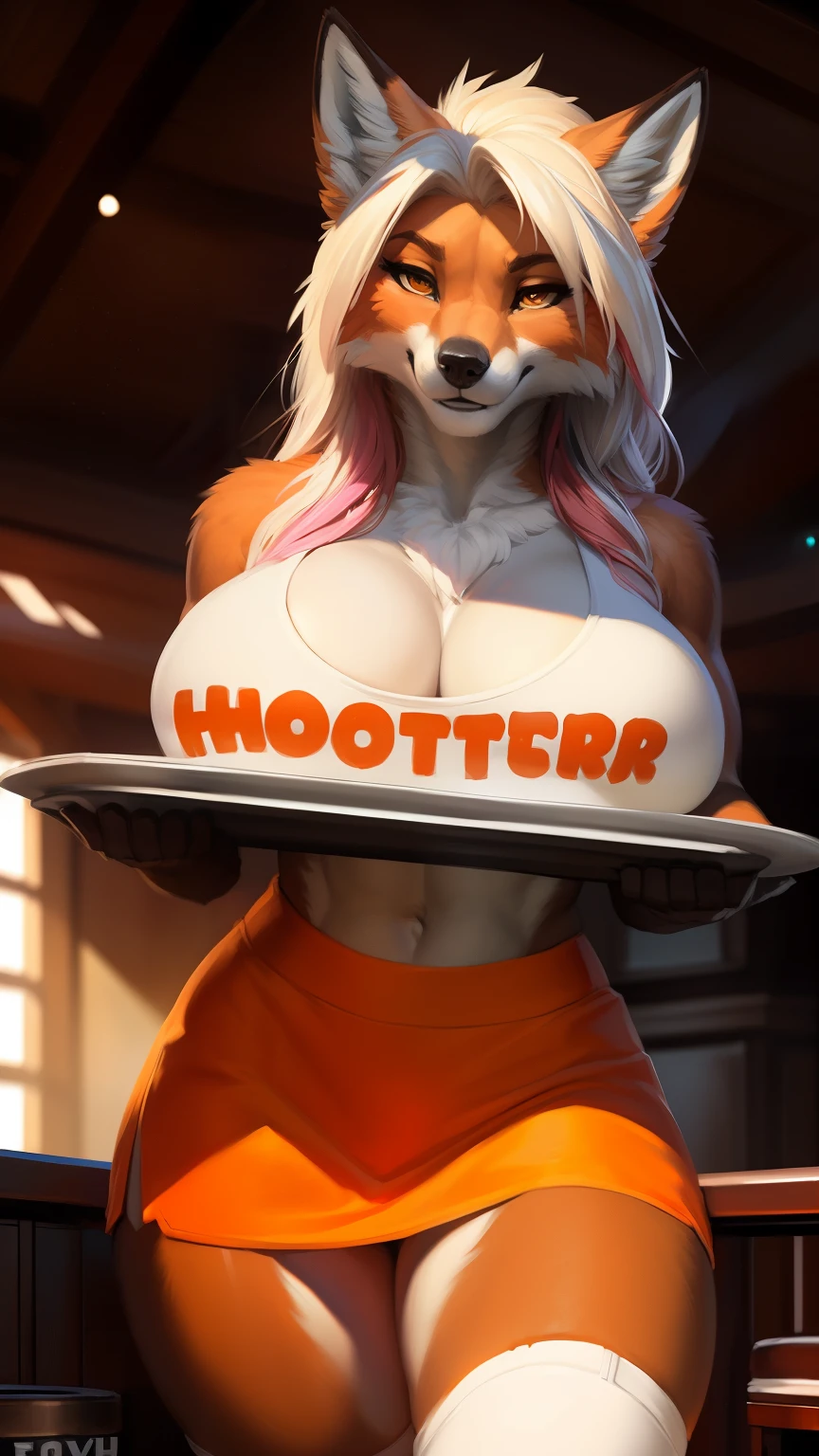 Draft Sketch (nsfw)))), uploaded the e621, beautiful and detailed,woman (((female))) ((anthro)) vixan, Ross Tran, by ruan jia, by zaush, by foxovh, lighting cinematic, seductor, vixan, thighighs, (huge chest) foxovh 1girls ai_generated masterpiece:1.2, best quality, realistic, (real picture, intricate details, depth of field), beautiful blonde woman, she has striking golden eyes, highly-detailed, perfect face, (huge breasts:1.3), (skindentation), thick thighs, wide hips, small waist, fit body, tall, (huge ass:1.1), blushing, sexy, wearing Hooters outfit, wet white tank top, a orange skirt, waiters, t-shirt, bottomless, vluva, holding a tray of with one hand, sfw , mohawk on one side, ,mohawk haircut, hair white with highlights pink,  thight high white leggings,  in bouth legs completly sexy =((((sfw)))), uploaded the e621, beautiful and detailed,woman (((female))) ((anthro)) fox, Ross Tran, by ruan jia, by zaush, by foxovh, lighting cinematic, seductor, fox, thighighs, (huge chest), full body view, 