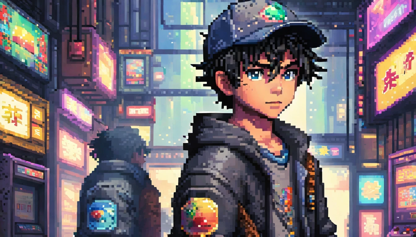 pixel art,
((masterpiece)),(((best quality))),((illustration)),(depth of field:1.2),
solo,dynamic angle,(1 boy:1.3),bangs,headphones,blue eyes,black hair,(disheveled hair),Baseball cap,(jacket|hoodie),jeans,thigh strap,hands in pocket,cowboy shot,
Moody Lighting,(arcade games:1.1),(Game Center:1.5),(Game Hall:1.1),(backlight:1.3),intricate detail,cyberpunk,slot machine,claw crane game machine,(crowd:1.1),
(Pixel particles exploding:1.2),