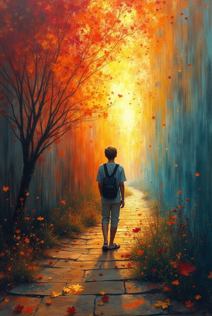 Create a highly detailed and emotionally evocative image illustrating a linear timeline of a person’s life. The image should be divided into five distinct sections, each representing a different stage of their life journey.
1. **Early Childhood (Hopeful Youth):**
Begin with a vibrant, heartwarming scene of the individual as a child, around 5-7 years old. The child should be depicted with a look of wonder and hope, perhaps playing in a sunlit field or a playground filled with laughter. Surround the child with bright colors, playful elements, and a sense of endless possibilities, symbolizing the innocence and dreams of early youth.
2. **Young Adult (War and Struggle):**
Transition to a more somber and intense depiction of the person as a young adult, around 20-25 years old, in the midst of a war. This section should convey the harsh reality and gravity of conflict. Show the individual in military attire, possibly in a war-torn landscape, with a determined yet weary expression. The scene should reflect the challenges and sacrifices made, contrasting sharply with the earlier innocence.
3. **Middle Age (Charitable Work):**
Shift to a scene showing the person in their 50s, engaged in charitable aid work. This depiction should highlight a sense of purpose and fulfillment. Show the individual working in a community setting, perhaps distributing supplies or helping those in need. The environment should be warm and hopeful, with a focus on the positive impact of their contributions and the gratitude of those they are helping.
4. **Elderly (Reflection and Accomplishment):**
Move to a peaceful and reflective scene of the individual in their later years, around 80-90 years old. The elderly person should be portrayed in a serene and content state, perhaps sitting in a comfortable chair or enjoying a quiet moment in a garden. Their expression should convey satisfaction and a sense of a life well-lived, with subtle elements symbolizing the achievements and milestone
