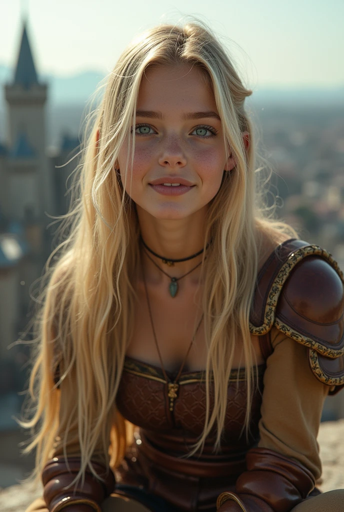 close up 1girl in, teenager, Solo, Aesthetic artwork, blond, straight blonde hair, super long blonde hair, light blue eyes, some small freckles, pale skin, medium breasts, cleavage, runners body, (thin hips, thin waist: 1.25), (arched back:1.12), detailed skin, neutral face, shy smile, (kneeling: 1.25), revealing clothes, wearing leather Warcraft armor, World of Warcraft for the alliance, Janea Proudmore, (dirty blond fox ear:1.35), (detailed Castle roof background:1.1), rooftop, overlooking medieval city, 24mm, 4k textures, soft cinematic light, RAW intricate, elegant, highly detailed, sharp focus, ((((cinematic look)))), soothing tones, insane details, intricate details, hyperdetailed, low contrast, soft cinematic light, dim colors, exposure blend, hdr, faded