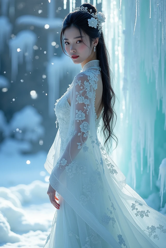 (ice - carving:1.4),Movie Angle,(Fan Bingbing, ice sculpture girl,Anatomically correct,full bodyesbian,Masterpiece ice sculpture camellia,Representative work Hanfu,Smile), sexy, detailed stunning idol chinese face