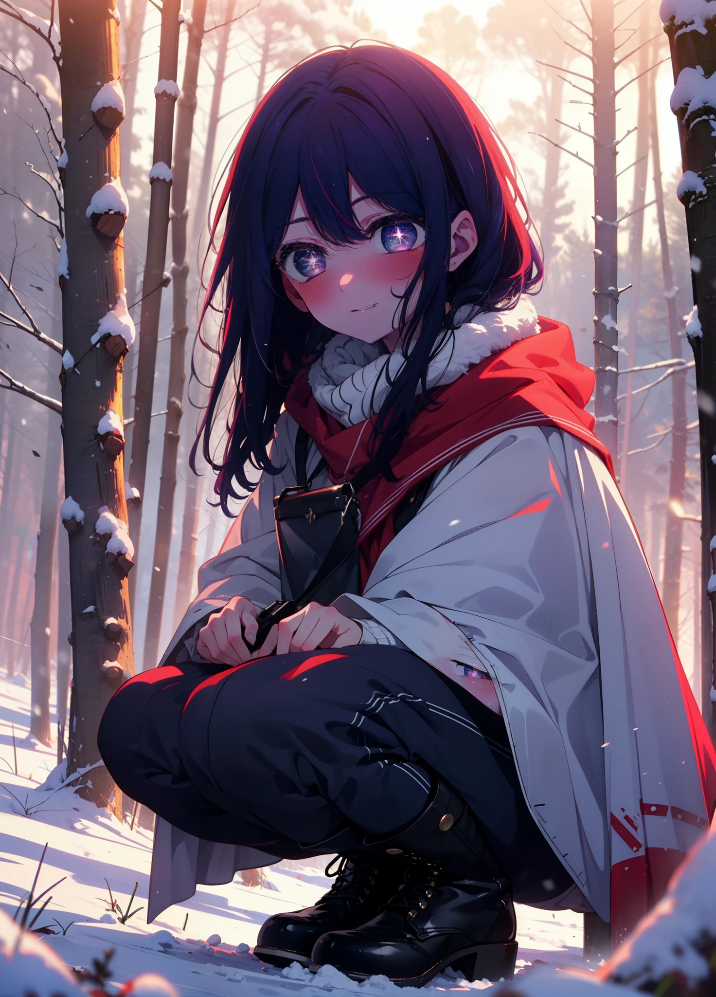aihoshino, Ai Hoshino, Long Hair, bangs, (Purple eyes:1.1), Purple Hair, (Symbol-shaped pupil:1.5), smile,,smile,blush,white breath,
Open your mouth,snow,Ground bonfire, Outdoor, boots, snowing, From the side, wood, suitcase, Cape, Blurred, , forest, White handbag, nature, Squat, Mouth closed, Cape, winter, Written boundary depth, Black shoes, red Cape break looking at viewer, Upper Body, whole body, break Outdoor, forest, nature, break (masterpiece:1.2), Highest quality, High resolution, unity 8k wallpaper, (shape:0.8), (Beautiful and beautiful eyes:1.6), Highly detailed face, Perfect lighting, Extremely detailed CG, (Perfect hands, Perfect Anatomy),