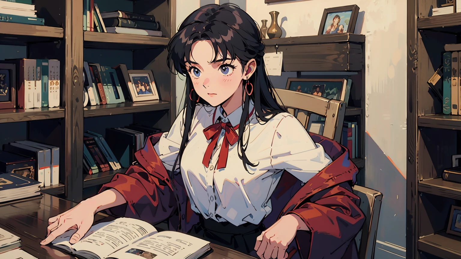 Best image quality,90s style anime, 1 person,24-year-old woman, Misato Katsuragi Style,Bookshelfの前で立って本を読んでる,Don't look at the camera,profile,library,Glass,Sunlight,nature,river,morning,Bookshelf,Upper Body,Expressionless,