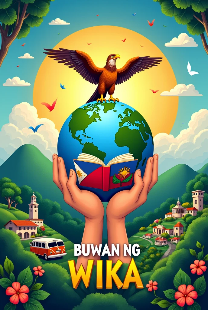 Poster making buwan ng wika.Php flag ,book, php map, earth holding php flag, php eagle, bbm cartoon look,php jeepney, chocolate hills, citys, php flag,