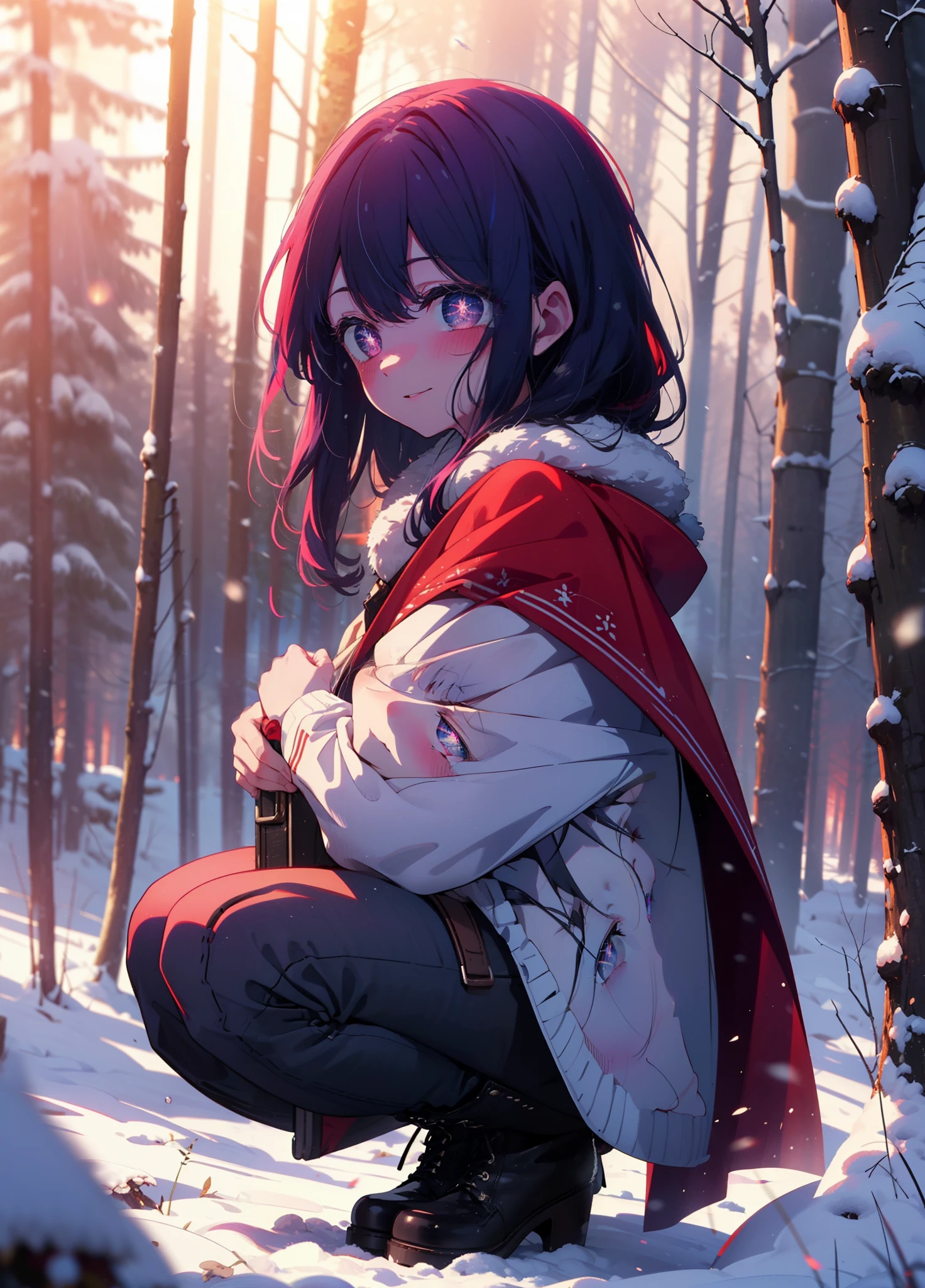 aihoshino, Ai Hoshino, Long Hair, bangs, (Purple eyes:1.1), Purple Hair, (Symbol-shaped pupil:1.5), smile,,smile,blush,white breath,
Open your mouth,snow,Ground bonfire, Outdoor, boots, snowing, From the side, wood, suitcase, Cape, Blurred, , forest, White handbag, nature,  Squat, Mouth closed, Cape, winter, Written boundary depth, Black shoes, red Cape break looking at viewer, Upper Body, whole body, break Outdoor, forest, nature, break (masterpiece:1.2), Highest quality, High resolution, unity 8k wallpaper, (shape:0.8), (Beautiful and beautiful eyes:1.6), Highly detailed face, Perfect lighting, Extremely detailed CG, (Perfect hands, Perfect Anatomy),